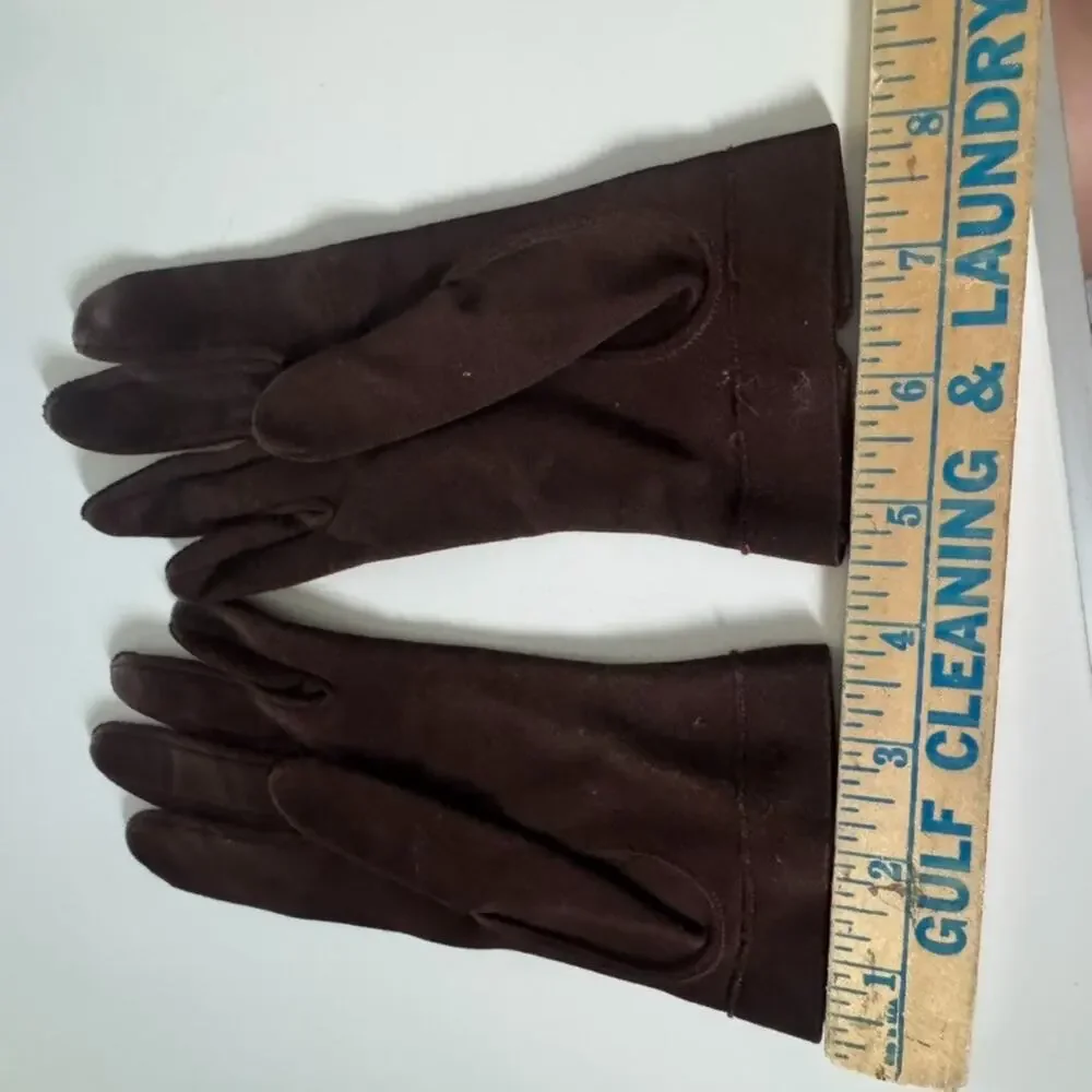 Vintage Brown Dress Gloves Double Woven Fabric with Button Women Size Small